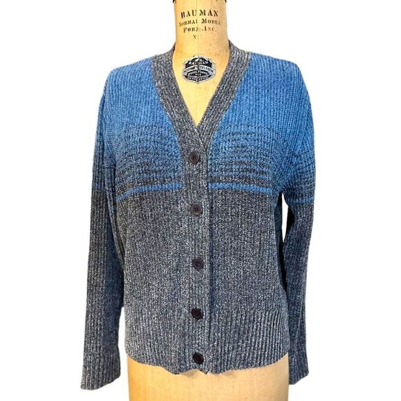 Liz Sport Blue and Grey Stripe Chenille Cardigan - Picture 1 of 7